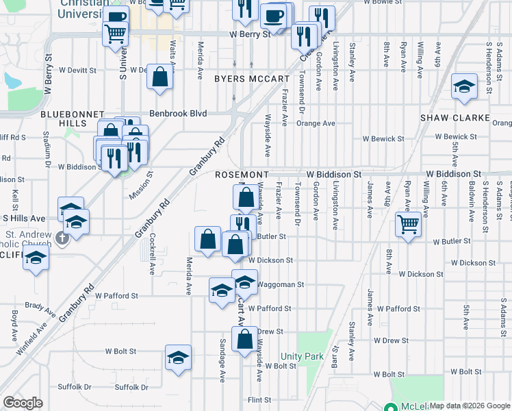 map of restaurants, bars, coffee shops, grocery stores, and more near 3571 Wayside Avenue in Fort Worth