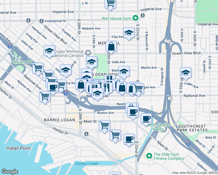 map of restaurants, bars, coffee shops, grocery stores, and more near Logan Ave & S 30th St in San Diego