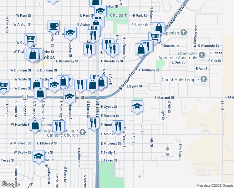 map of restaurants, bars, coffee shops, grocery stores, and more near 447 South Avenue C in Hobbs
