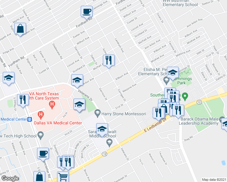 map of restaurants, bars, coffee shops, grocery stores, and more near 2532 Modree Avenue in Dallas