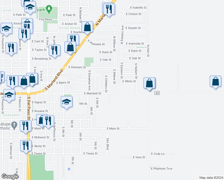 map of restaurants, bars, coffee shops, grocery stores, and more near 421 South Willow Street in Hobbs