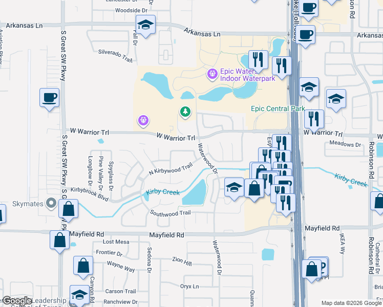 map of restaurants, bars, coffee shops, grocery stores, and more near 3011 Bradwood Avenue in Grand Prairie
