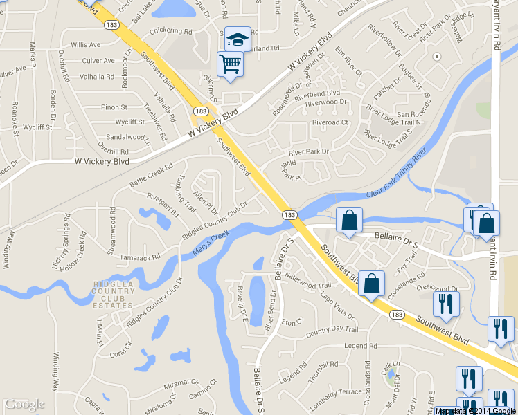 map of restaurants, bars, coffee shops, grocery stores, and more near 6800 Battle Creek Road in Fort Worth