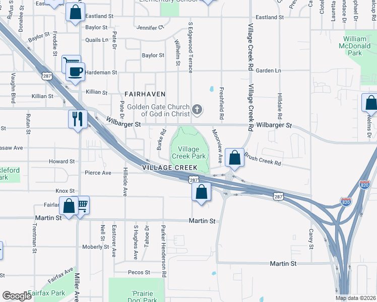 map of restaurants, bars, coffee shops, grocery stores, and more near 4750 Wilbarger Street in Fort Worth