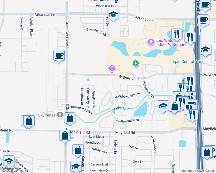 map of restaurants, bars, coffee shops, grocery stores, and more near 3050 Rustlewind Lane in Grand Prairie