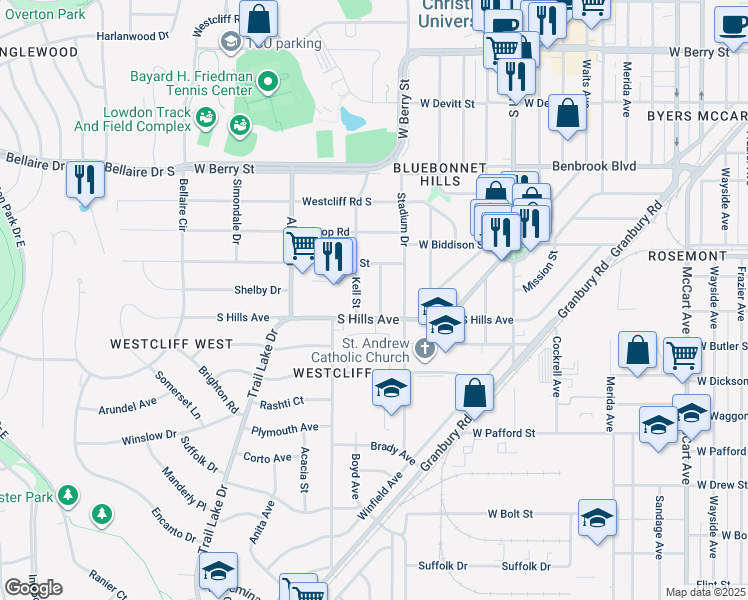 map of restaurants, bars, coffee shops, grocery stores, and more near 3608 Winston Road in Fort Worth