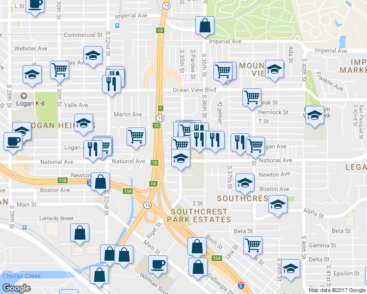 map of restaurants, bars, coffee shops, grocery stores, and more near 3522 National Avenue in San Diego