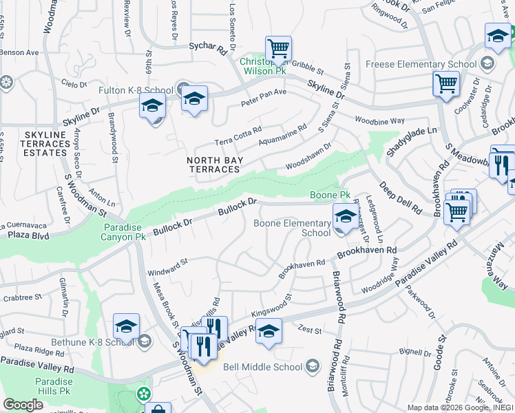 map of restaurants, bars, coffee shops, grocery stores, and more near 7161 Bullock Drive in San Diego