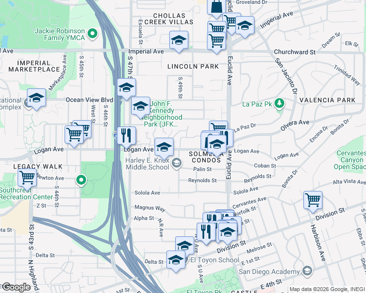 map of restaurants, bars, coffee shops, grocery stores, and more near 4914 Logan Avenue in San Diego