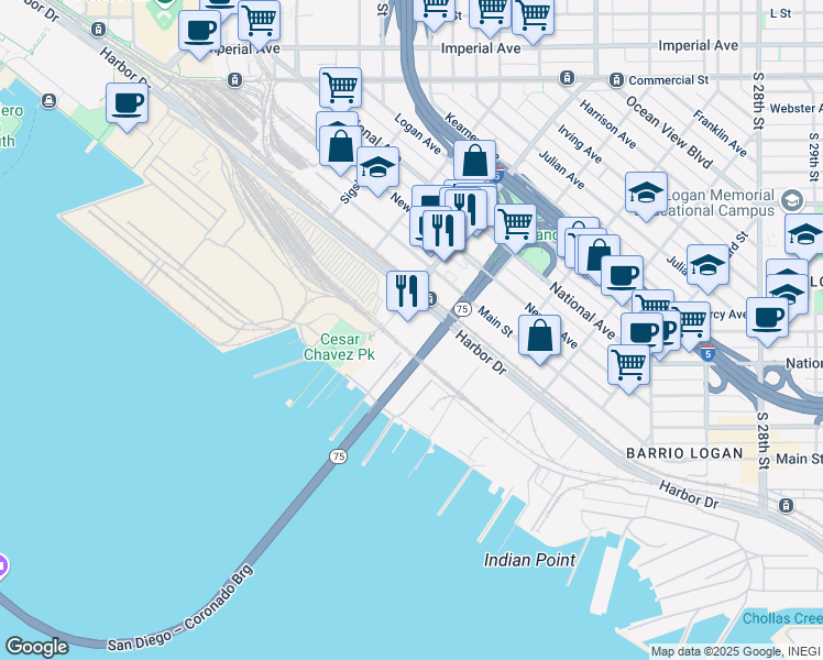 map of restaurants, bars, coffee shops, grocery stores, and more near 1335 Cesar E. Chavez Parkway in San Diego