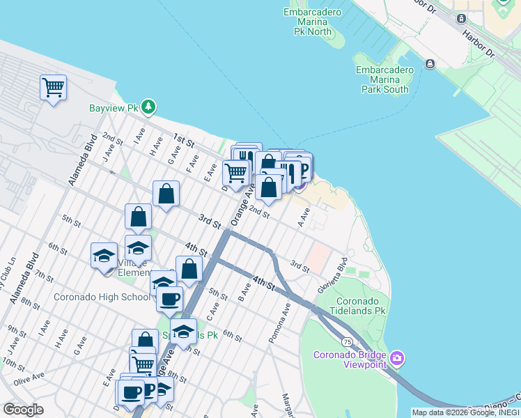 map of restaurants, bars, coffee shops, grocery stores, and more near 1116 2nd Street in Coronado