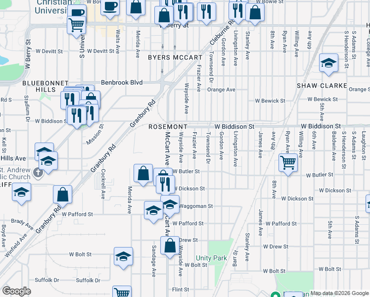 map of restaurants, bars, coffee shops, grocery stores, and more near 3571 Wayside Avenue in Fort Worth
