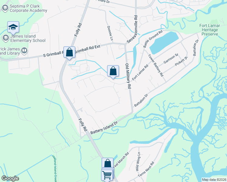 map of restaurants, bars, coffee shops, grocery stores, and more near 1102 Clearspring Drive in Charleston
