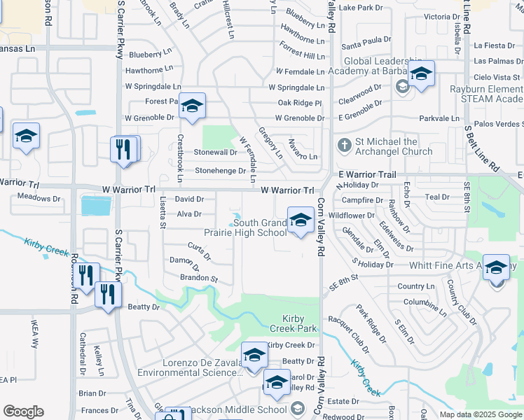 map of restaurants, bars, coffee shops, grocery stores, and more near 305 West Warrior Trail in Grand Prairie