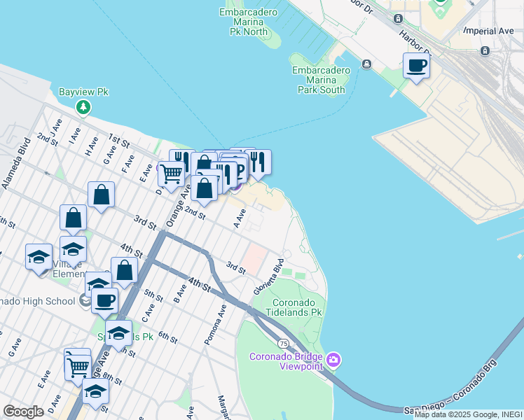 map of restaurants, bars, coffee shops, grocery stores, and more near 1447 1st Street in Coronado