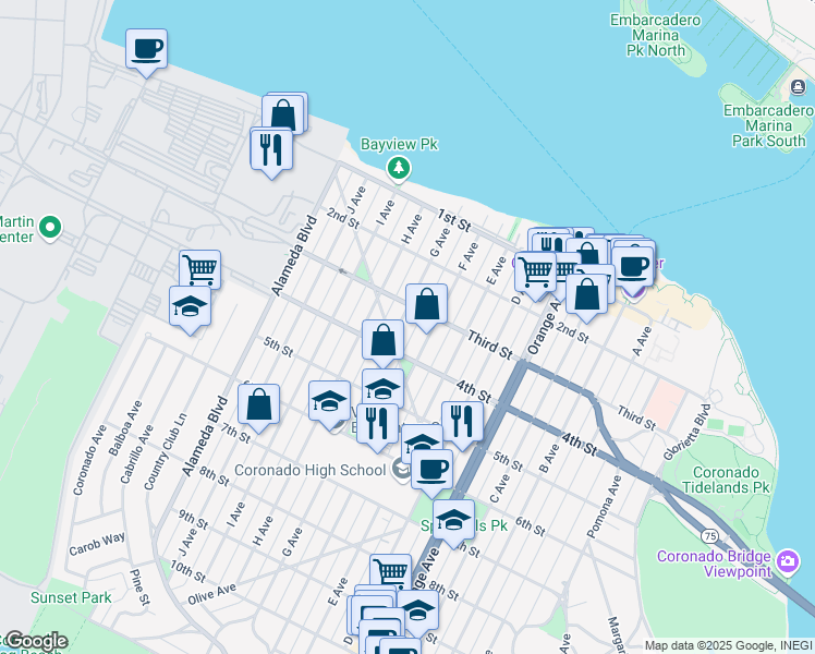 map of restaurants, bars, coffee shops, grocery stores, and more near 333 G Avenue in Coronado