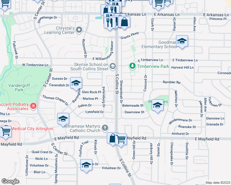 map of restaurants, bars, coffee shops, grocery stores, and more near 2812 South Collins Street in Arlington