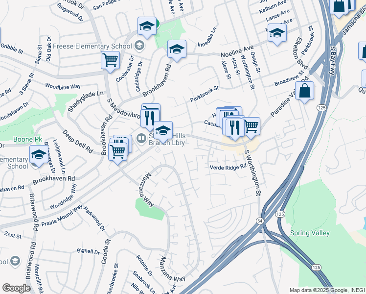 map of restaurants, bars, coffee shops, grocery stores, and more near 8218 Bluffview Court in Spring Valley