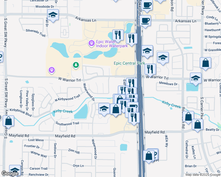 map of restaurants, bars, coffee shops, grocery stores, and more near 3140 Green Vista Trail in Grand Prairie