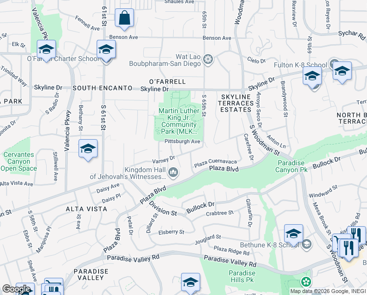 map of restaurants, bars, coffee shops, grocery stores, and more near 1285 Moraea Street in San Diego