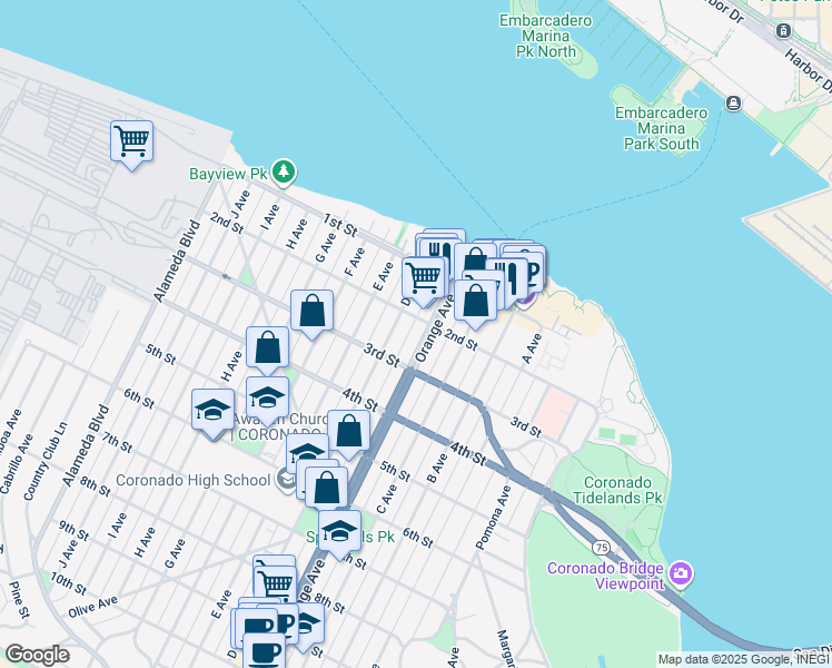 map of restaurants, bars, coffee shops, grocery stores, and more near 220 Orange Avenue in Coronado
