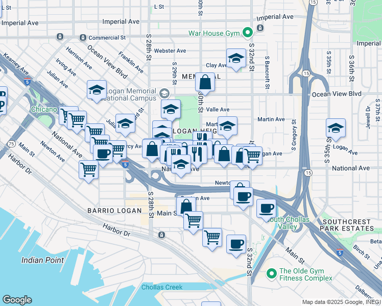 map of restaurants, bars, coffee shops, grocery stores, and more near 2962 Logan Avenue in San Diego