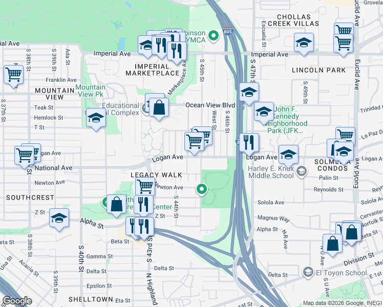 map of restaurants, bars, coffee shops, grocery stores, and more near 837 Elizabeth Street in San Diego