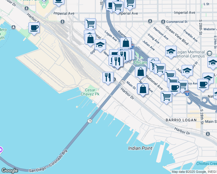 map of restaurants, bars, coffee shops, grocery stores, and more near 1335 Cesar E. Chavez Parkway in San Diego