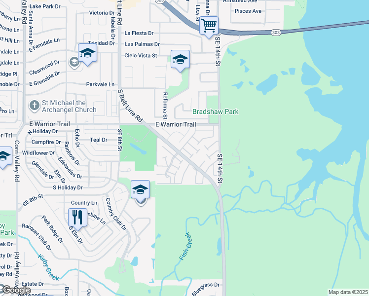 map of restaurants, bars, coffee shops, grocery stores, and more near 44e East Mountain Creek Drive in Grand Prairie