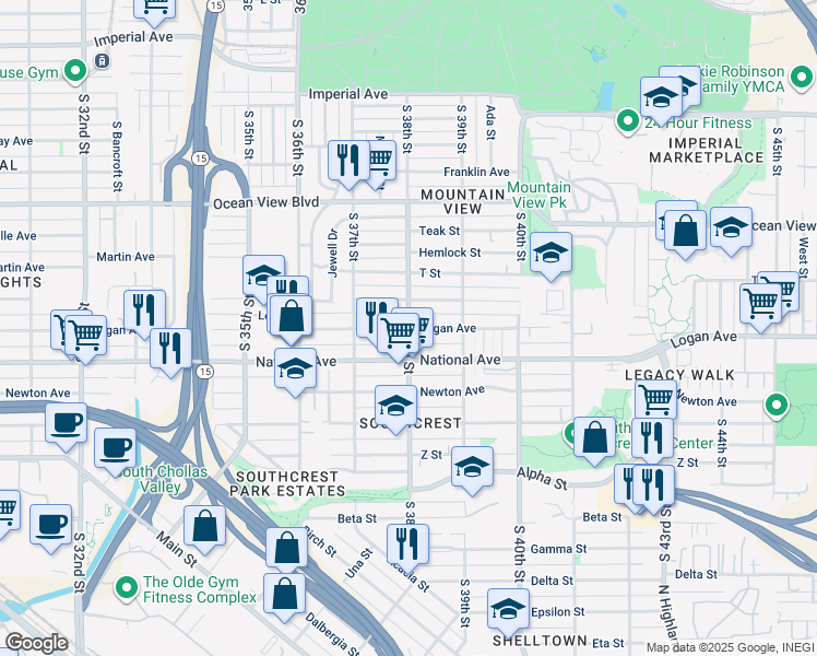 map of restaurants, bars, coffee shops, grocery stores, and more near South 38th Street in San Diego