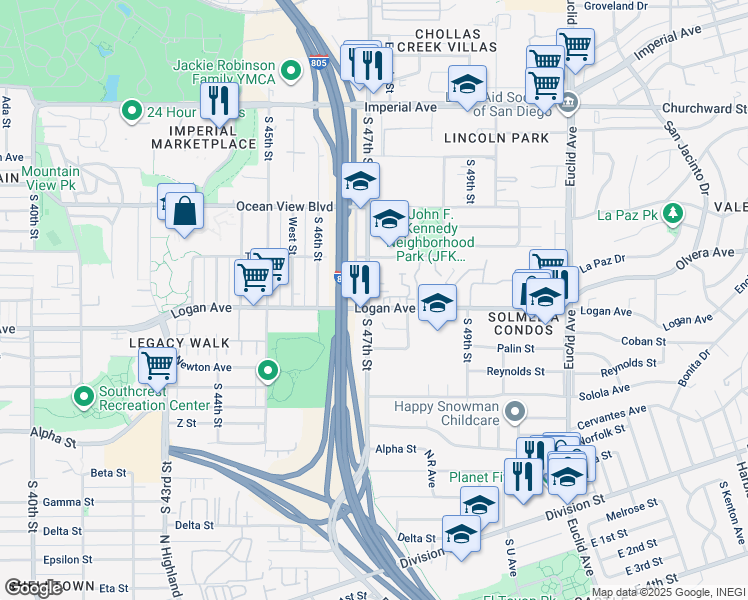 map of restaurants, bars, coffee shops, grocery stores, and more near 4730 Logan Avenue in San Diego