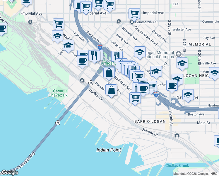 map of restaurants, bars, coffee shops, grocery stores, and more near 2109 Newton Avenue in San Diego