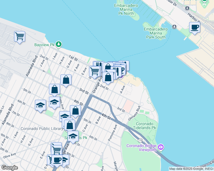 map of restaurants, bars, coffee shops, grocery stores, and more near in Coronado