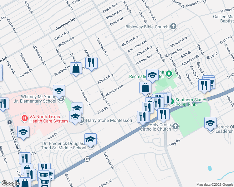 map of restaurants, bars, coffee shops, grocery stores, and more near 2736 Marjorie Avenue in Dallas