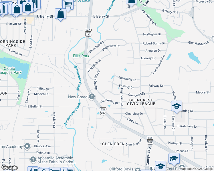 map of restaurants, bars, coffee shops, grocery stores, and more near 2154 Fairway Drive in Fort Worth