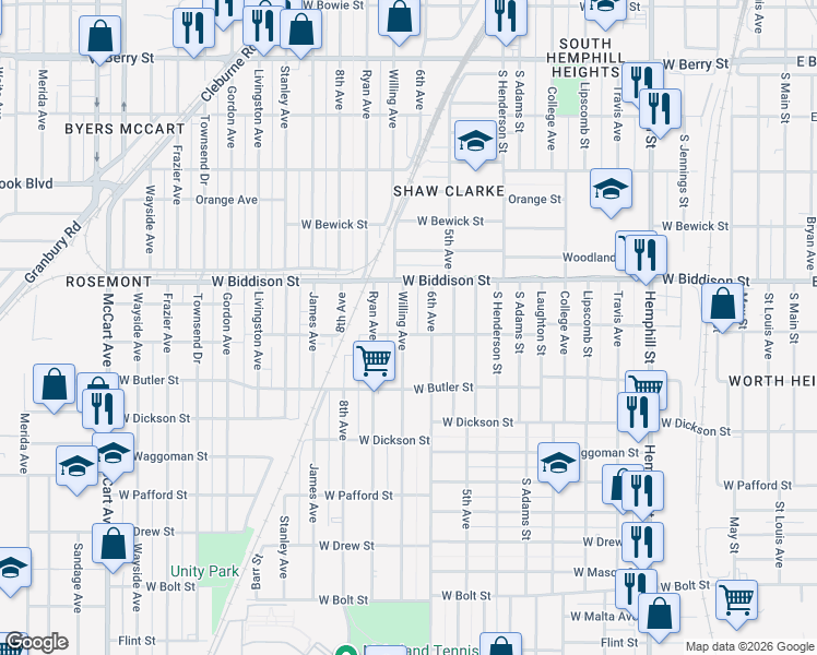 map of restaurants, bars, coffee shops, grocery stores, and more near 3545 Willing Avenue in Fort Worth