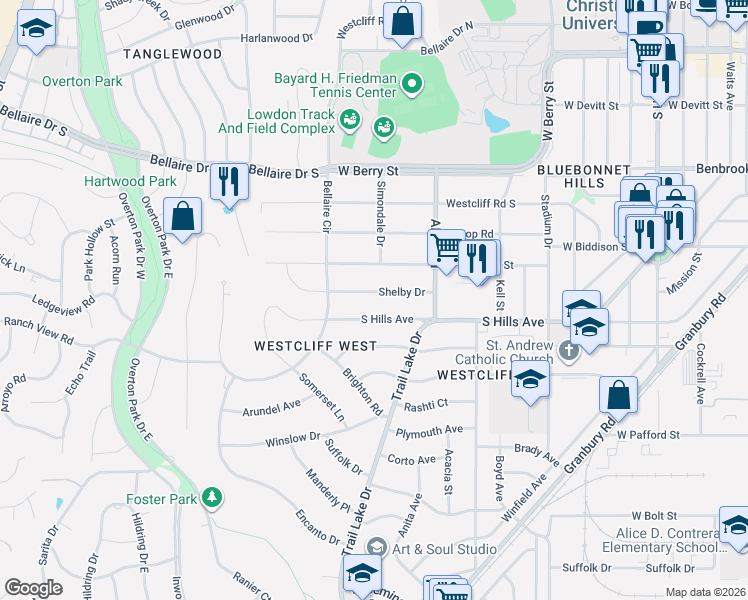 map of restaurants, bars, coffee shops, grocery stores, and more near 3655 Shelby Drive in Fort Worth