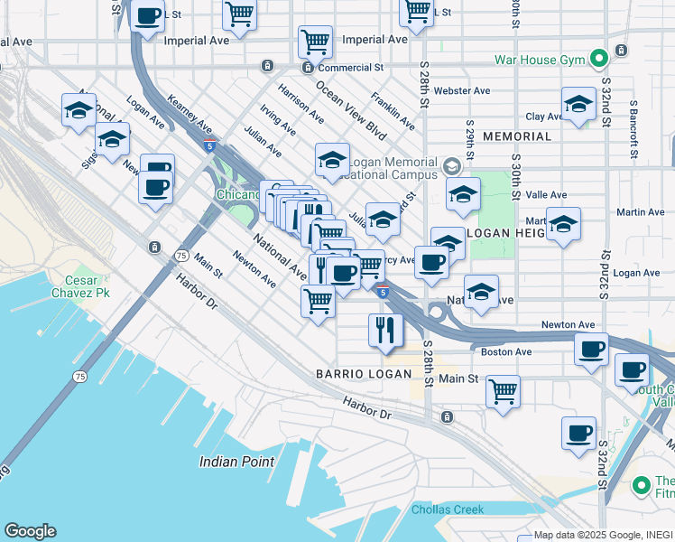 map of restaurants, bars, coffee shops, grocery stores, and more near 2605 Logan Avenue in San Diego