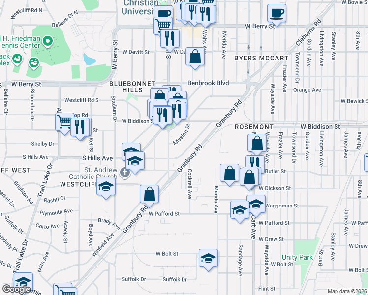 map of restaurants, bars, coffee shops, grocery stores, and more near 2916 South Hills Avenue in Fort Worth