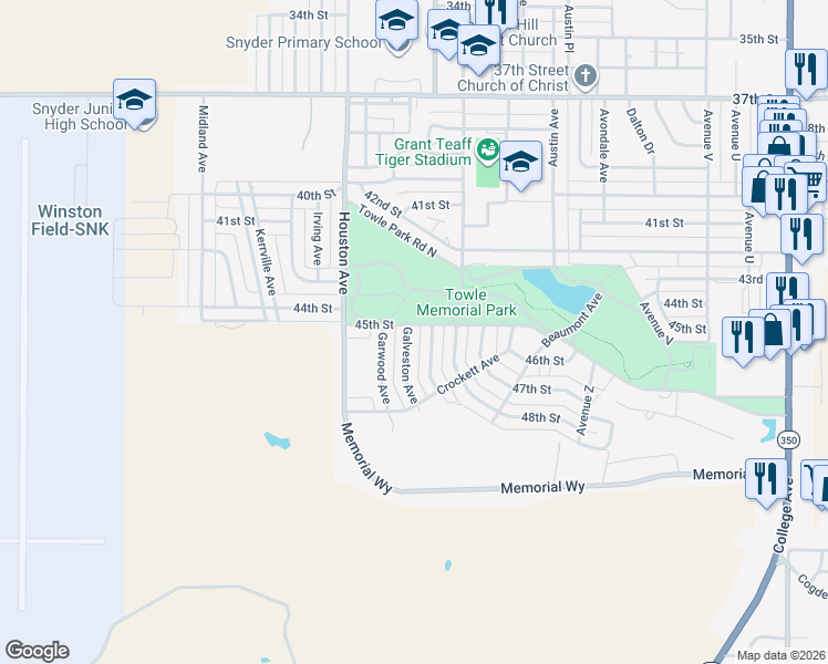 map of restaurants, bars, coffee shops, grocery stores, and more near 4500 Galveston Avenue in Snyder