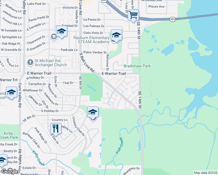 map of restaurants, bars, coffee shops, grocery stores, and more near 11 Mountain Creek Court West in Grand Prairie