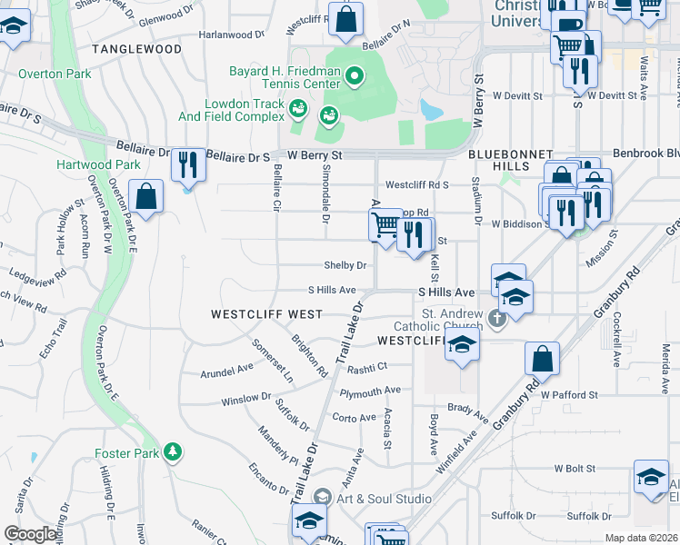 map of restaurants, bars, coffee shops, grocery stores, and more near 3625 Shelby Drive in Fort Worth