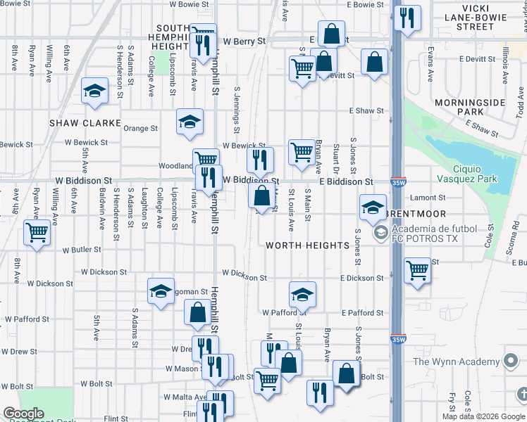 map of restaurants, bars, coffee shops, grocery stores, and more near 312 West Ripy Street in Fort Worth