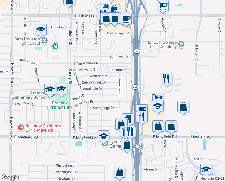 map of restaurants, bars, coffee shops, grocery stores, and more near 2418 Brookdale Drive in Arlington