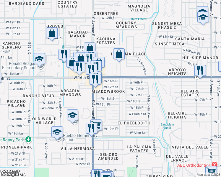 map of restaurants, bars, coffee shops, grocery stores, and more near 2223 West 17th Street in Yuma