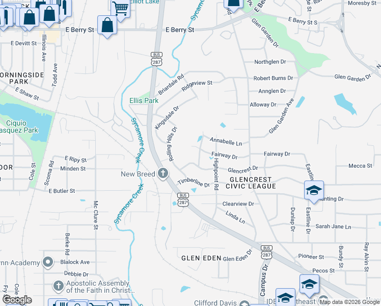 map of restaurants, bars, coffee shops, grocery stores, and more near 2154 Fairway Drive in Fort Worth