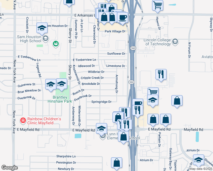 map of restaurants, bars, coffee shops, grocery stores, and more near 2410 Brookdale Drive in Arlington