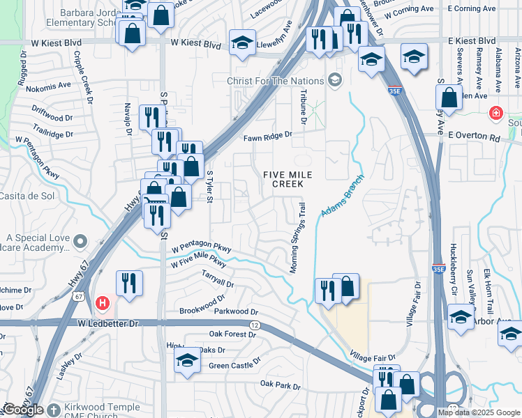 map of restaurants, bars, coffee shops, grocery stores, and more near 646 Bow and Arrow Drive in Dallas