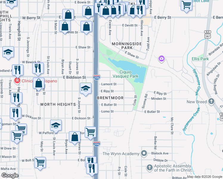 map of restaurants, bars, coffee shops, grocery stores, and more near 901 East Ripy Street in Fort Worth