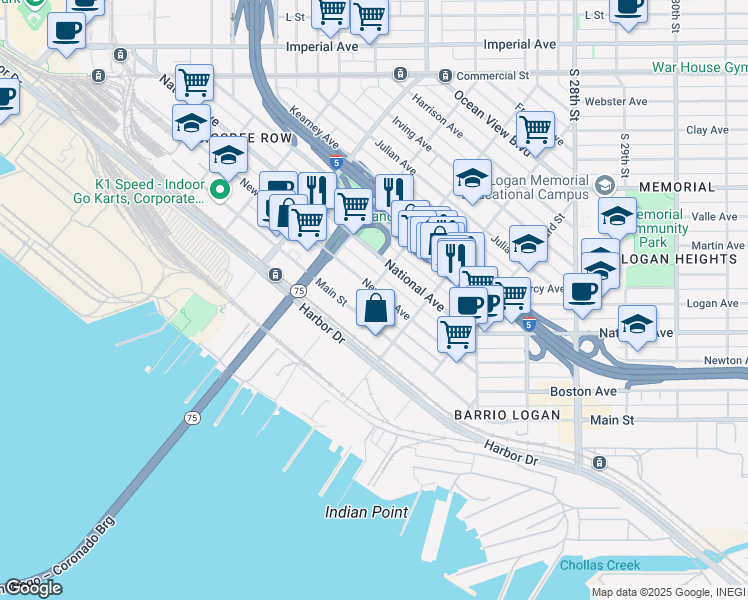 map of restaurants, bars, coffee shops, grocery stores, and more near 2109 Newton Avenue in San Diego